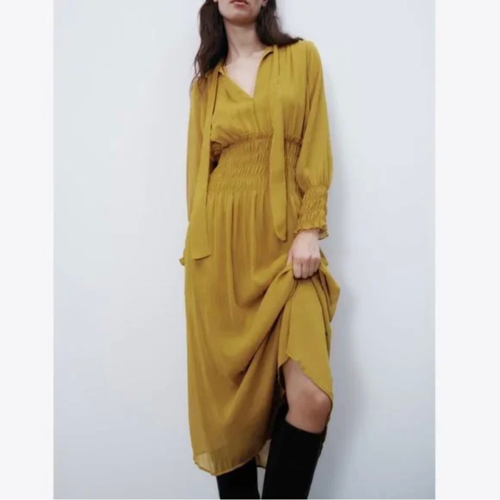 Zara long sleeve chiffon midi dress - mustard yellow size M